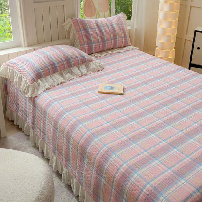 91家纺网 家纺一手货源 找家纺 久典家居 2024新款A类法式全棉色织水洗棉单床盖 昭华粉