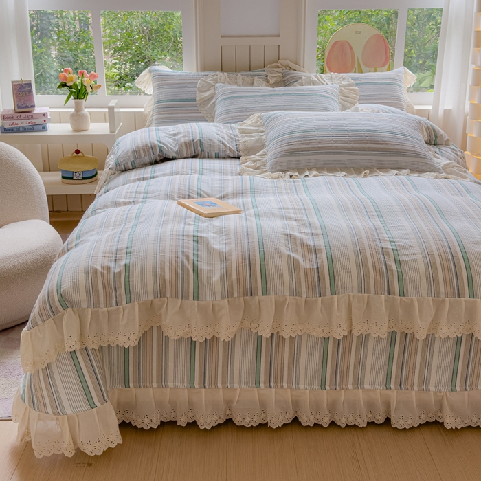 91家纺网 家纺一手货源 找家纺 久典家居 2024新款A类法式全棉色织水洗棉床盖四件套 沐妍绿