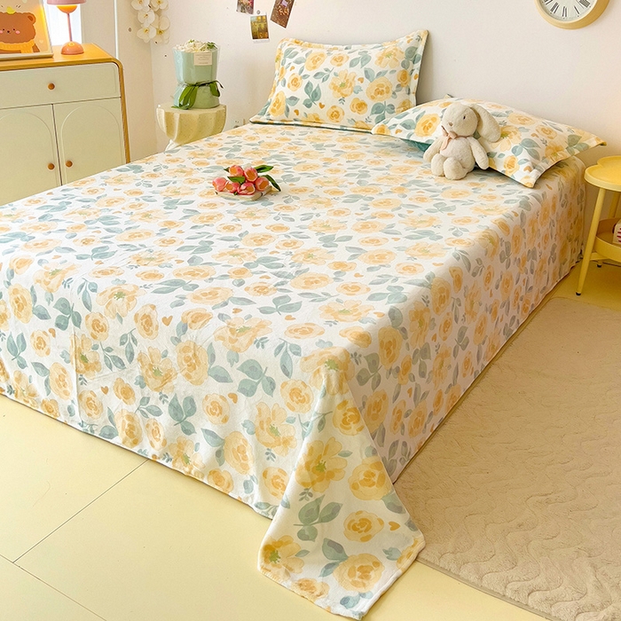 91家纺网 家纺一手货源 找家纺 大柏树 2025新款A类高克重亲肤舒适牛奶绒印花四件套-单床单可定制 朵柔-黄