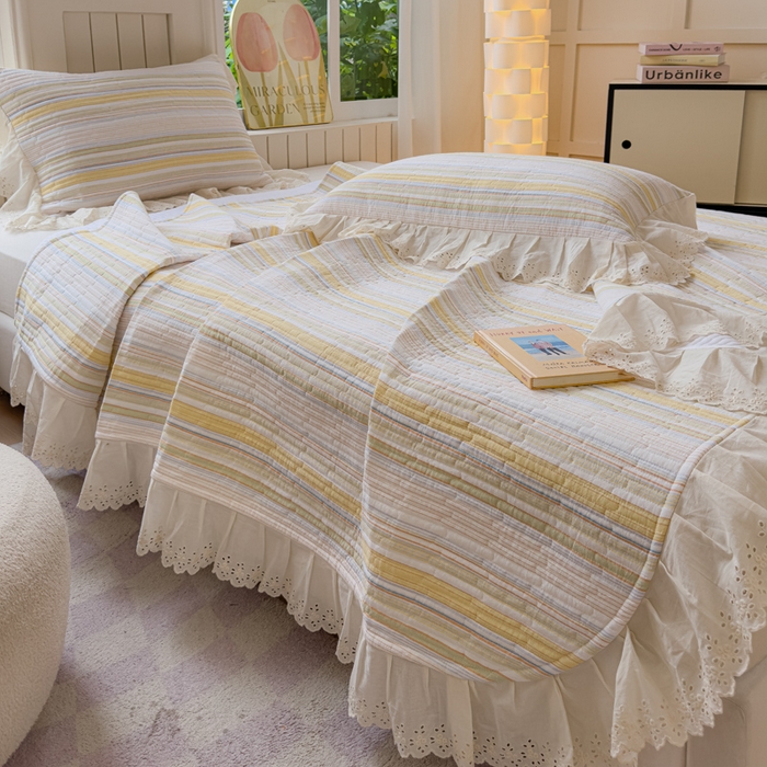 91家纺网 家纺一手货源 找家纺 久典家居 2024新款A类法式全棉色织水洗棉单床盖 沐妍黄