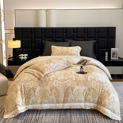 91家纺网 家纺一手货源 找家纺 若未家居 LOVEWE HOUSE 2025秋冬浪漫双拼角立体着色双色雕花全消光数码印花牛奶绒色烂四件套 暖阳 暖驼色