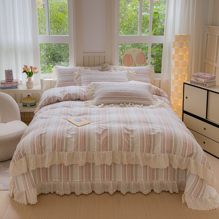 91家纺网 家纺一手货源 找家纺 久典家居 2024新款A类法式全棉色织水洗棉床盖四件套 沐妍粉