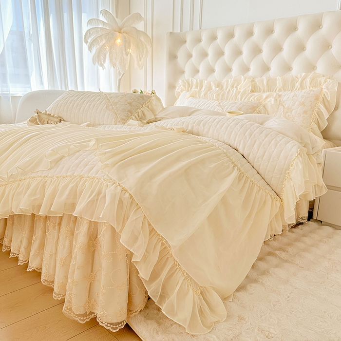 91家纺网 家纺一手货源 找家纺 罗艺轩 2024新款高克重牛奶雪纺边床裙四件套-羽蝶 奶昔