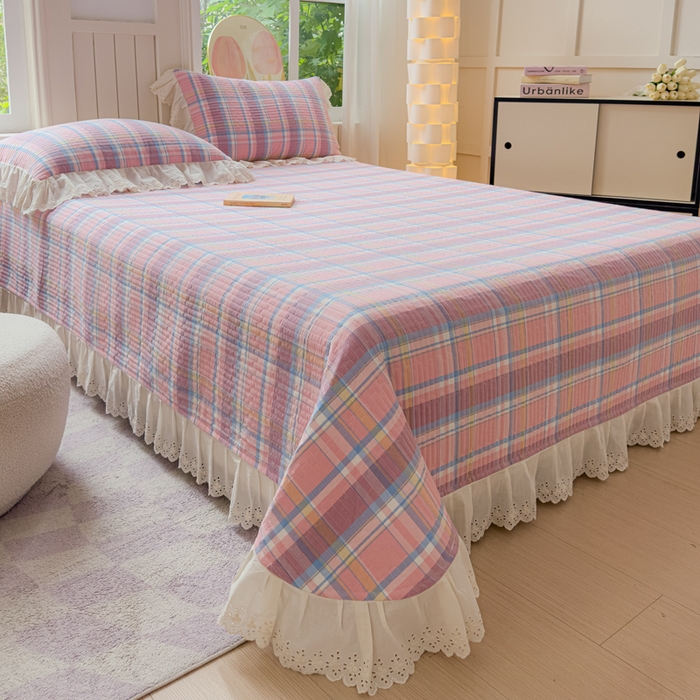 91家纺网 家纺一手货源 找家纺 久典家居 2024新款A类法式全棉色织水洗棉单床盖 昭华粉