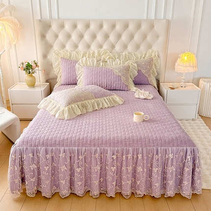 91家纺网 家纺一手货源 找家纺 （总）罗艺轩 2024新款高克重牛奶雪纺边床裙三件套-羽蝶