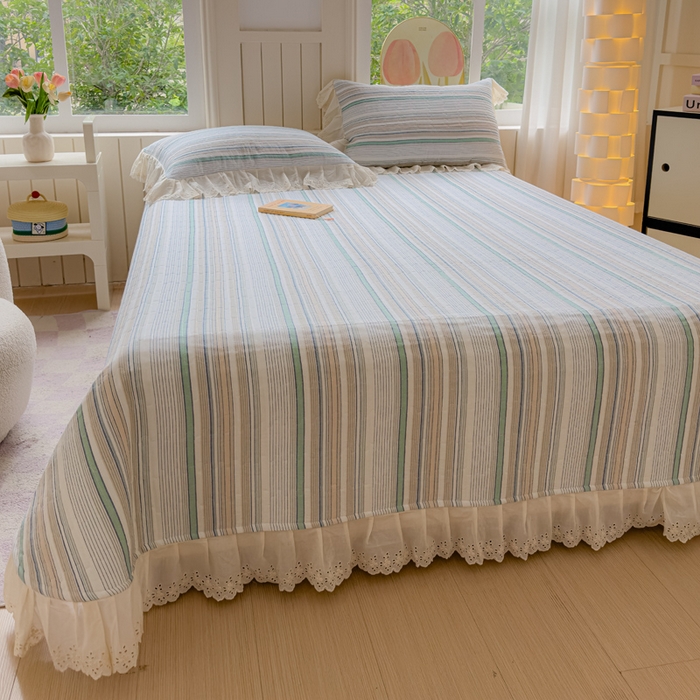 91家纺网 家纺一手货源 找家纺 久典家居 2024新款A类法式全棉色织水洗棉单床盖 沐妍绿