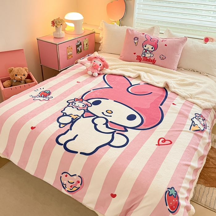 91家纺网 家纺一手货源 找家纺 金爱家 2024新款多功能牛奶绒羊羔绒毛毯毯子 羊羔绒-草莓冰淇淋美乐蒂