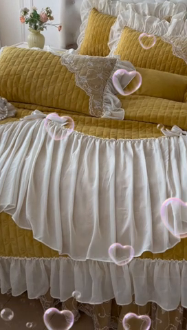 91家纺网 家纺一手货源 找家纺 罗艺轩 2024新款高克重牛奶雪纺边床裙四件套-羽蝶 嫩黄