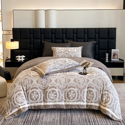 91家纺网 家纺一手货源 找家纺 若未家居 LOVEWE HOUSE 2025秋冬浪漫双拼角立体着色双色雕花全消光数码印花牛奶绒色烂四件套 南法 摩卡色