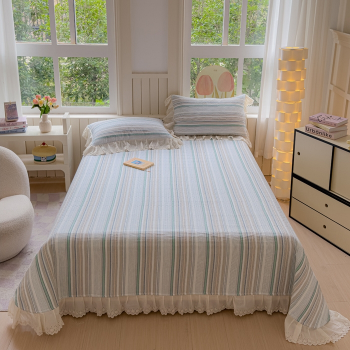 91家纺网 家纺一手货源 找家纺 久典家居 2024新款A类法式全棉色织水洗棉单床盖 沐妍绿