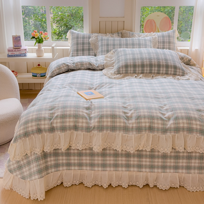 91家纺网 家纺一手货源 找家纺 久典家居 2024新款A类法式全棉色织水洗棉床盖四件套 可可绿