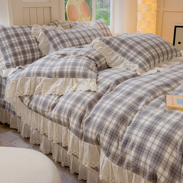 91家纺网 家纺一手货源 找家纺 久典家居 2024新款A类法式全棉色织水洗棉床盖四件套 可可灰