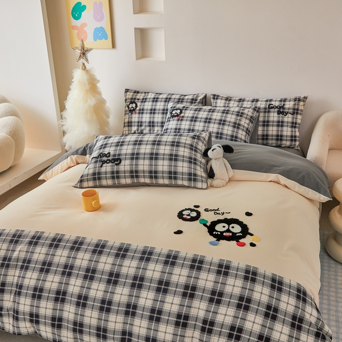 91家纺网 家纺一手货源 找家纺 怡家居 2024秋冬新款全棉磨毛绣花四件套 幸运小煤球