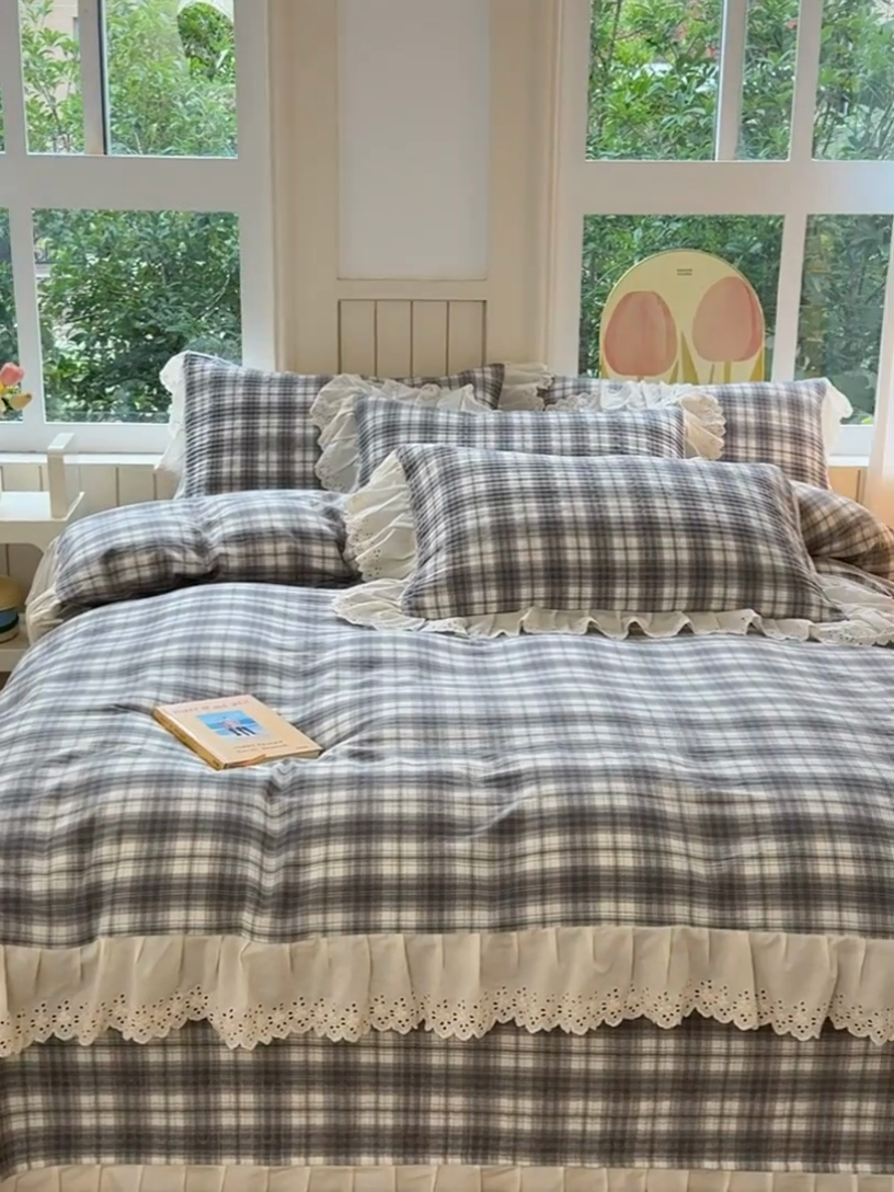 91家纺网 家纺一手货源 找家纺 久典家居 2024新款A类法式全棉色织水洗棉床盖四件套 可可灰