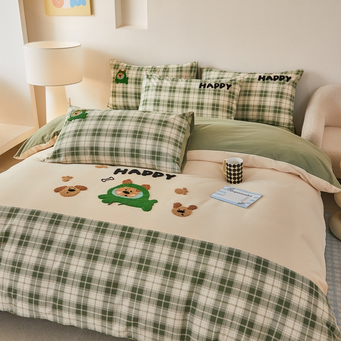 91家纺网 家纺一手货源 找家纺 怡家居 2024秋冬新款全棉磨毛绣花四件套 快乐熊仔