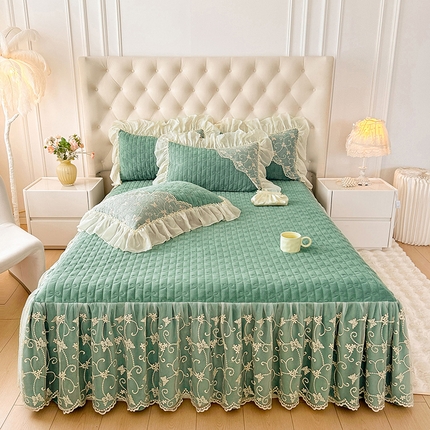 罗艺轩 2024新款高克重牛奶雪纺边床裙三件套-羽蝶 豆绿
