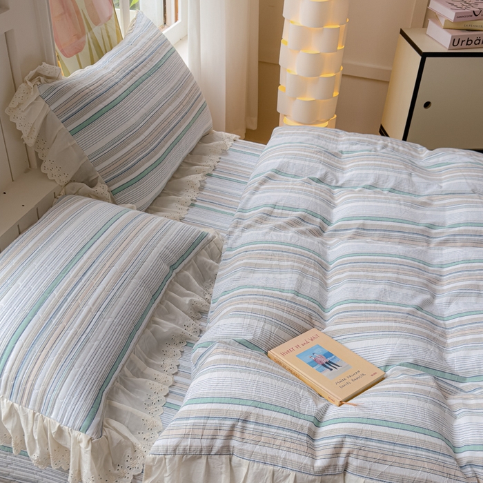 91家纺网 家纺一手货源 找家纺 久典家居 2024新款A类法式全棉色织水洗棉床盖四件套 沐妍绿