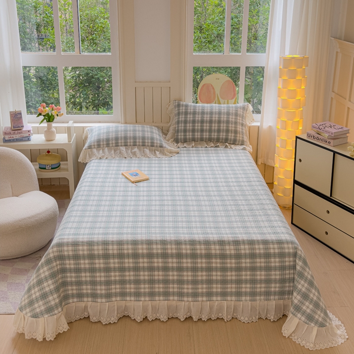 91家纺网 家纺一手货源 找家纺 久典家居 2024新款A类法式全棉色织水洗棉单床盖 可可绿