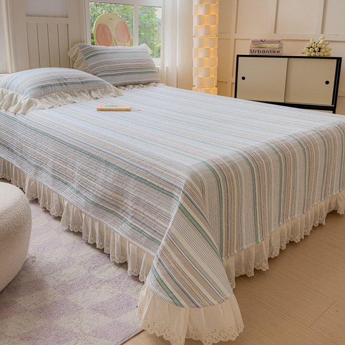 91家纺网 家纺一手货源 找家纺 久典家居 2024新款A类法式全棉色织水洗棉单床盖 沐妍绿