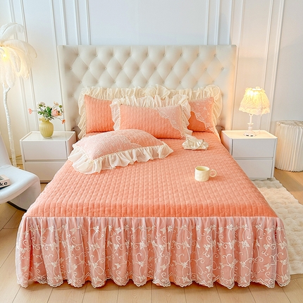 罗艺轩 2024新款高克重牛奶雪纺边床裙三件套-羽蝶 梦幻玉