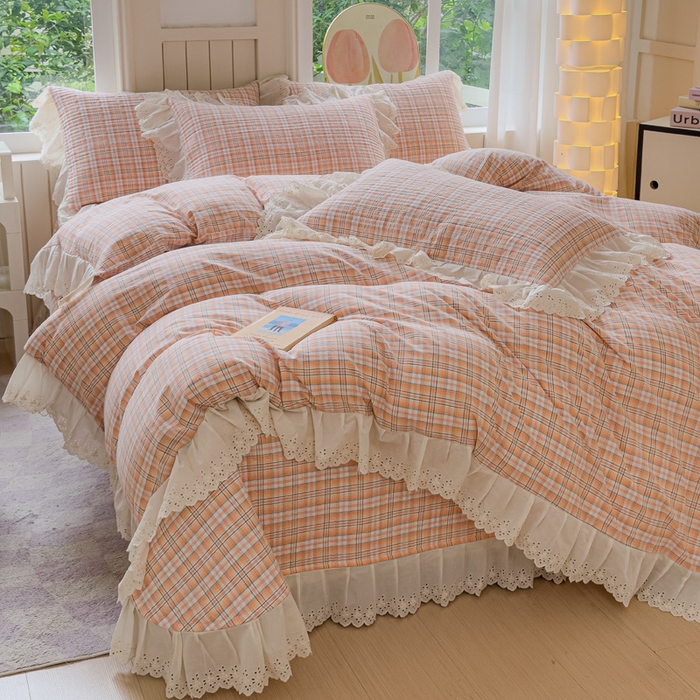 91家纺网 家纺一手货源 找家纺 久典家居 2024新款A类法式全棉色织水洗棉床盖四件套 可可桔