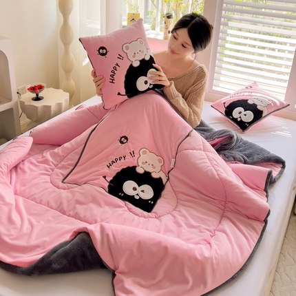 铭宣家居 2024新款加厚AB版婴儿绒和北极绒贴布绣刺绣抱枕被-可爱煤球 可爱煤球-粉色
