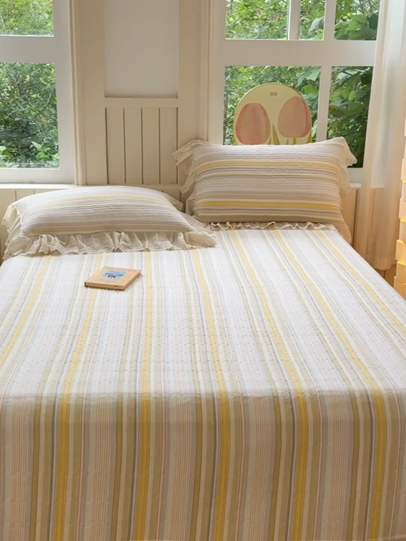 91家纺网 家纺一手货源 找家纺 久典家居 2024新款A类法式全棉色织水洗棉单床盖 沐妍黄