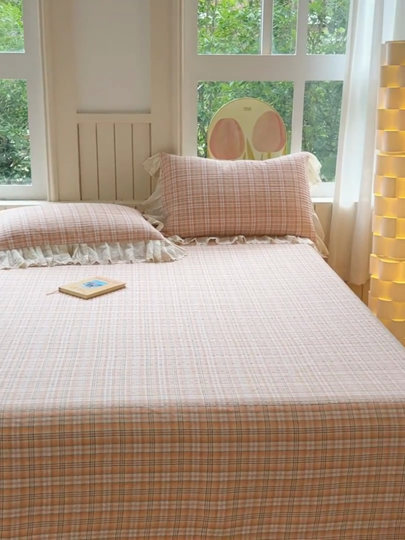 91家纺网 家纺一手货源 找家纺 久典家居 2024新款A类法式全棉色织水洗棉单床盖 可可桔