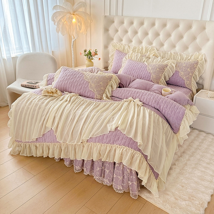 91家纺网 家纺一手货源 找家纺 罗艺轩 2024新款高克重牛奶雪纺边床裙四件套-羽蝶 甜紫