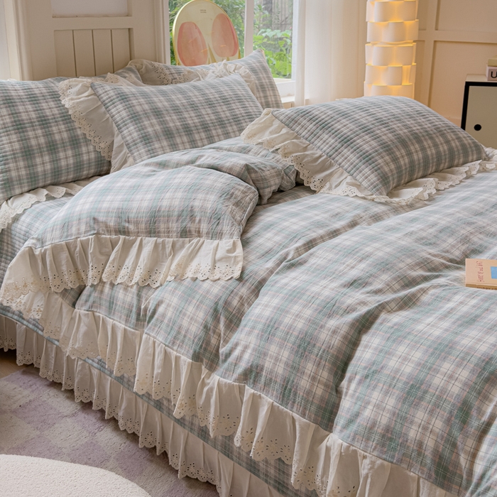 91家纺网 家纺一手货源 找家纺 久典家居 2024新款A类法式全棉色织水洗棉床盖四件套 可可绿