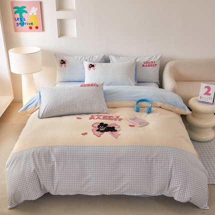 怡家居 2024秋冬新款全棉磨毛绣花四件套 好运兔