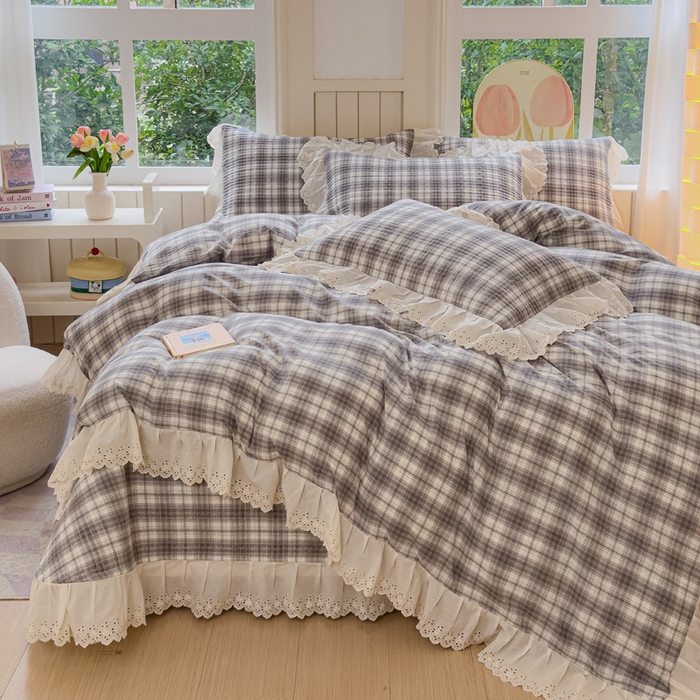 91家纺网 家纺一手货源 找家纺 久典家居 2024新款A类法式全棉色织水洗棉床盖四件套 可可灰