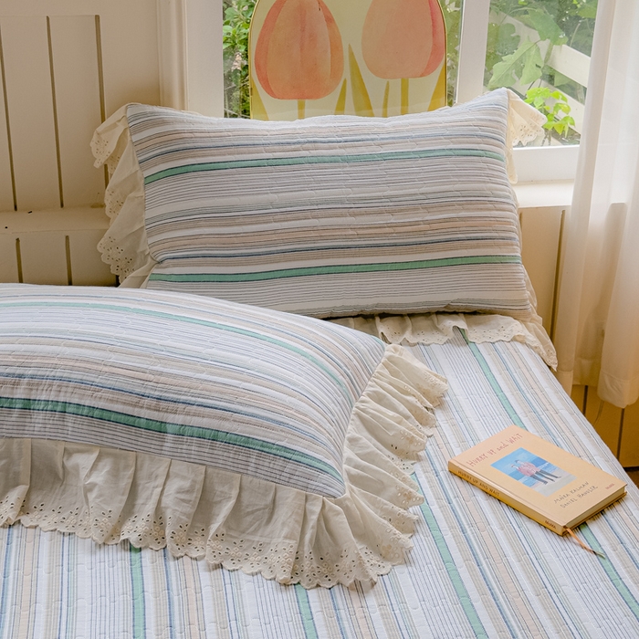 91家纺网 家纺一手货源 找家纺 久典家居 2024新款A类法式全棉色织水洗棉单床盖 沐妍绿