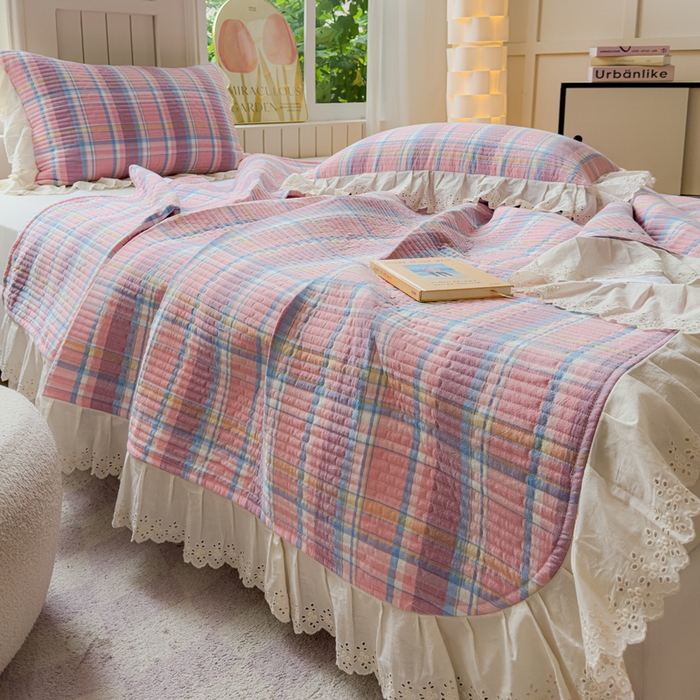 91家纺网 家纺一手货源 找家纺 久典家居 2024新款A类法式全棉色织水洗棉单床盖 昭华粉