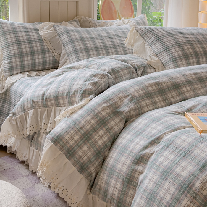 91家纺网 家纺一手货源 找家纺 久典家居 2024新款A类法式全棉色织水洗棉床盖四件套 可可绿