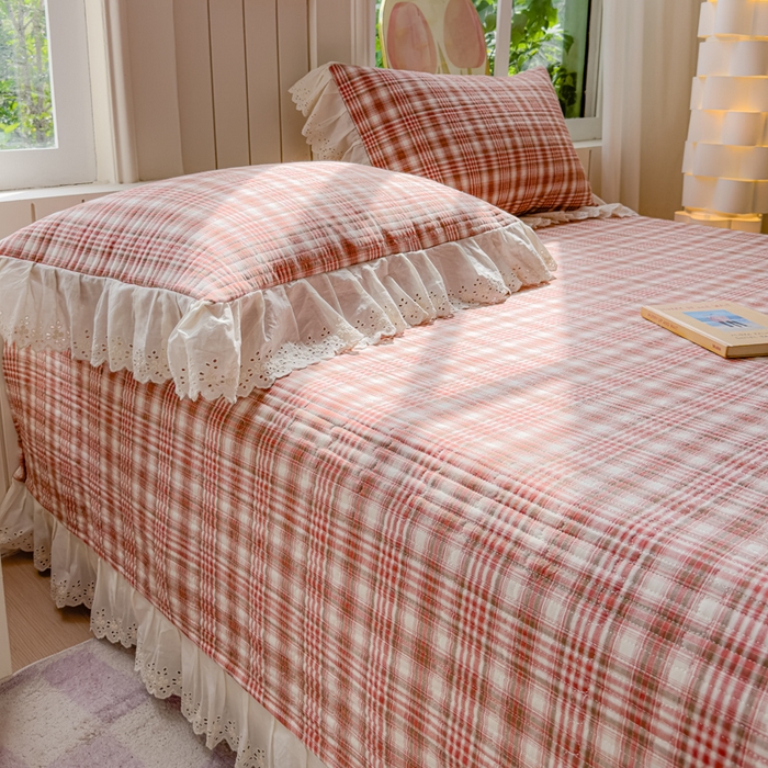 91家纺网 家纺一手货源 找家纺 久典家居 2024新款A类法式全棉色织水洗棉单床盖 可可粉