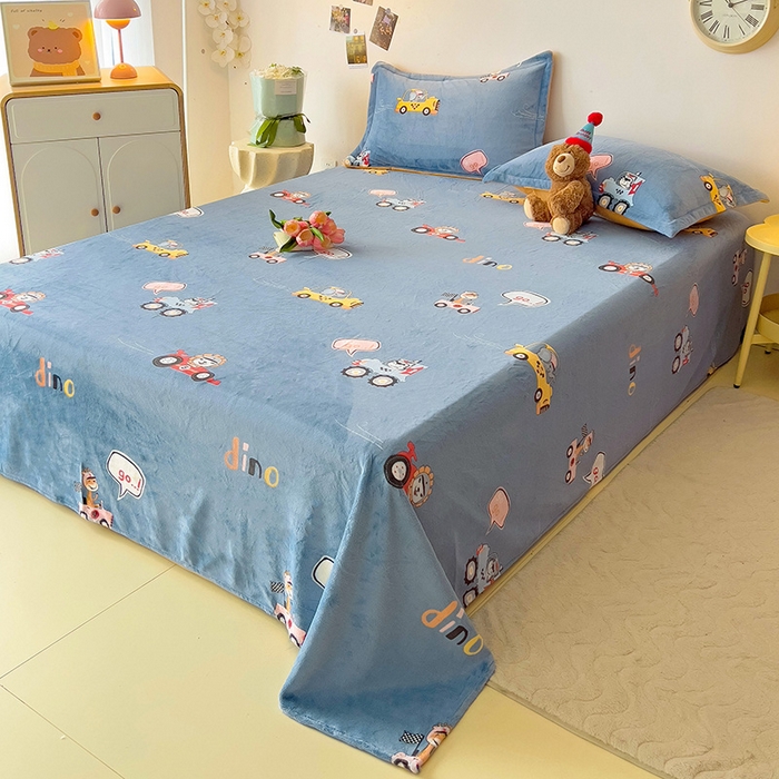 91家纺网 家纺一手货源 找家纺 大柏树 2025新款A类高克重亲肤舒适牛奶绒印花四件套-单床单可定制 精灵乐园-蓝