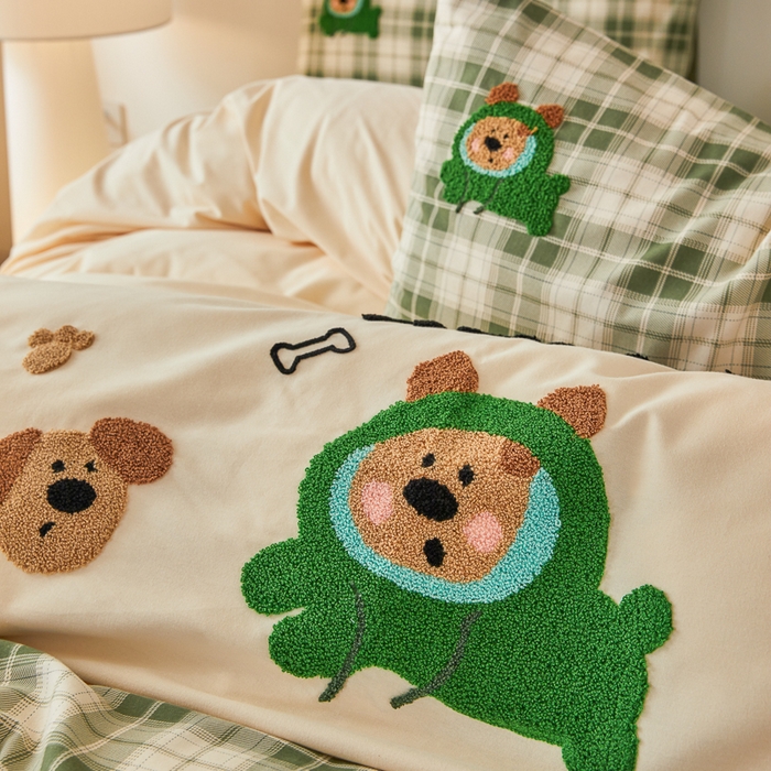 91家纺网 家纺一手货源 找家纺 怡家居 2024秋冬新款全棉磨毛绣花四件套 快乐熊仔