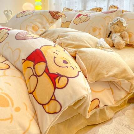 富之航家纺 2024小清新四件套被套牛奶绒四件套法莱绒水晶绒法兰绒兔毛绒兔绒金貂绒雕花绒微笑维尼