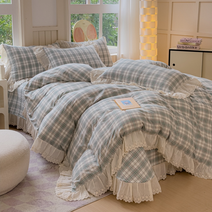 91家纺网 家纺一手货源 找家纺 久典家居 2024新款A类法式全棉色织水洗棉床盖四件套 可可绿