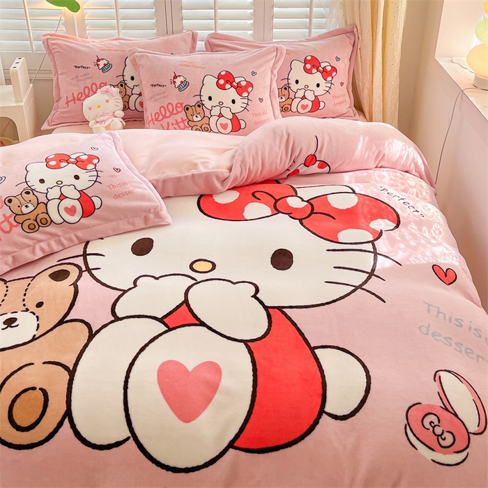 91家纺网 家纺一手货源 找家纺 星座家纺 2025新款大版三丽鸥牛奶绒四件套 KT猫-大版