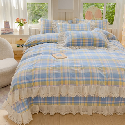 91家纺网 家纺一手货源 找家纺 久典家居 2024新款A类法式全棉色织水洗棉床盖四件套 昭华蓝