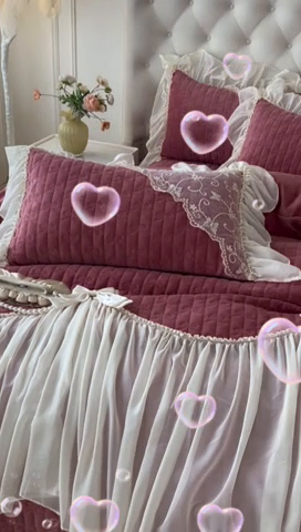 91家纺网 家纺一手货源 找家纺 罗艺轩 2024新款高克重牛奶雪纺边床裙四件套-羽蝶 豆沙红