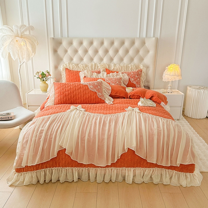 91家纺网 家纺一手货源 找家纺 （总）罗艺轩 2024新款高克重牛奶雪纺边床裙四件套-羽蝶