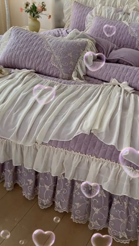 91家纺网 家纺一手货源 找家纺 罗艺轩 2024新款高克重牛奶雪纺边床裙四件套-羽蝶 甜紫