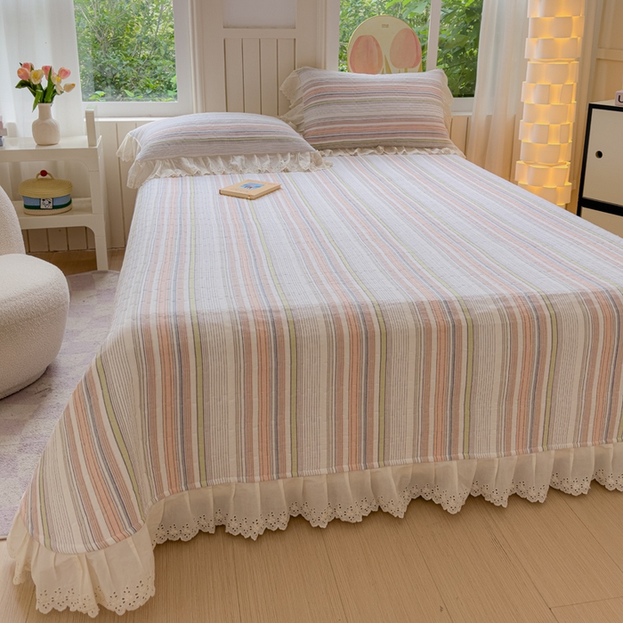 91家纺网 家纺一手货源 找家纺 久典家居 2024新款A类法式全棉色织水洗棉单床盖 沐妍粉