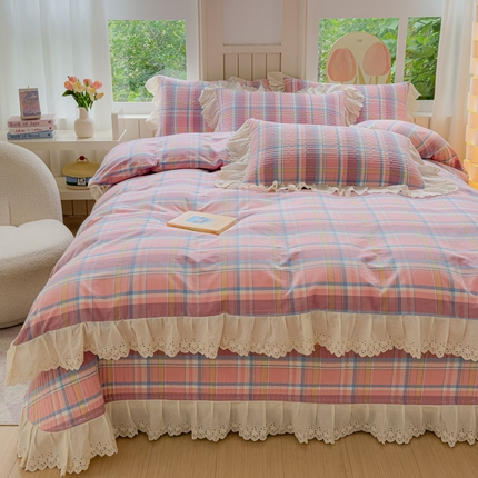 久典家居 2024新款A类法式全棉色织水洗棉床盖四件套 昭华粉