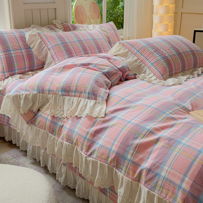 91家纺网 家纺一手货源 找家纺 久典家居 2024新款A类法式全棉色织水洗棉床盖四件套 昭华粉