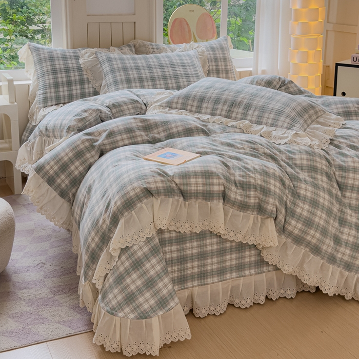 91家纺网 家纺一手货源 找家纺 久典家居 2024新款A类法式全棉色织水洗棉床盖四件套 可可绿