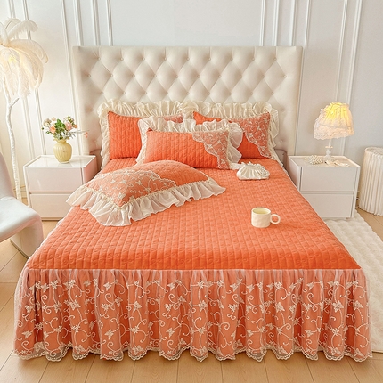 罗艺轩 2024新款高克重牛奶雪纺边床裙三件套-羽蝶 爱玛橙